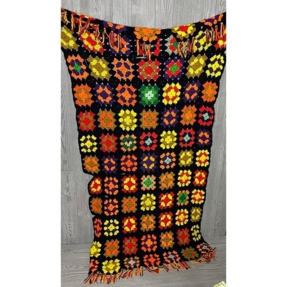 Bedding Vintage Hand Made Granny Square Blanket Black And Orange